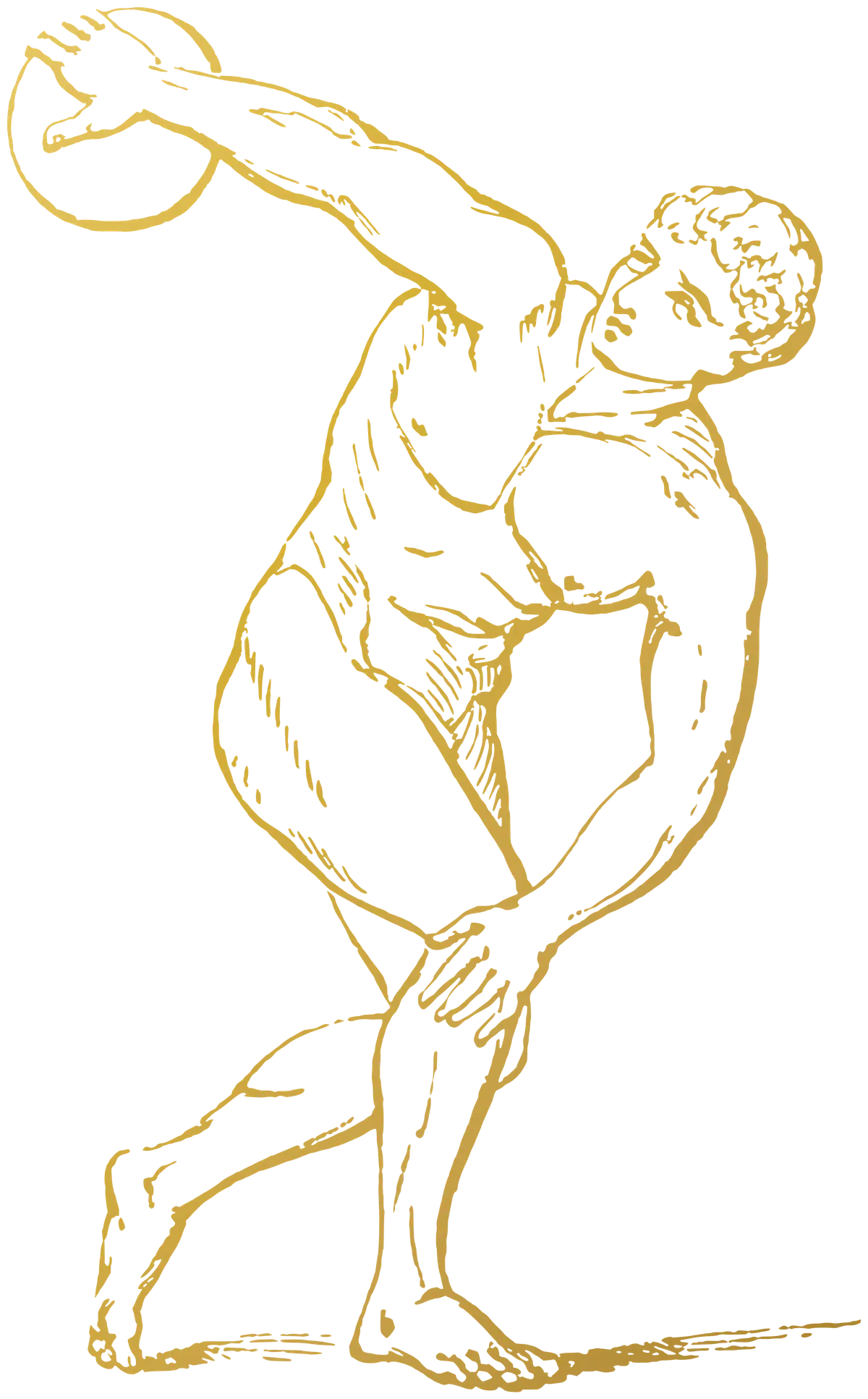 Gold line drawing of the Discobolus, the classical discus thrower