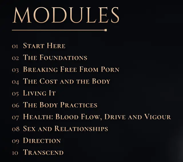 Retention Mastery modules: Start Here, The Foundations, Breaking Free From Porn, The Cost and the Body, Living It, The Body Practices, Health: Blood Flow, Drive and Vigour, Sex and Relationships, Direction, Transcend